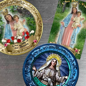 Our Lady of the Rosary, France gold round and rectangular custom refrigerator magnets. Our Lady of the Rosary statue.