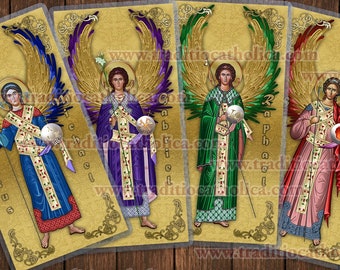 Arcángeles en estampas de oración sagradas de estilo ortodoxo oriental: Uriel, Miguel, Rafael, Gabriel, Jehudiel, Selafiel y Barachiel.