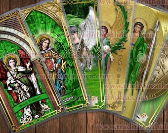 St. Saint Raphael Archangel laminated Holy Prayer cards. Stained Glass, Icon style and statue art. Saint Raphael Card.