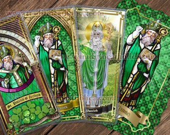 Saint St Patrick of Ireland Stained Glass and statue art laminated Holy Prayer cards. Irish Saint.