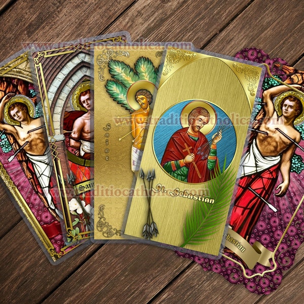 Saint Sebastian patron of pandemics and athletes laminated Holy Prayer cards. Available in Icon and stained glass style.