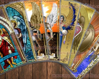 St. Saint Michael Archangel laminated Holy Prayer cards. Stained Glass, Icon style and statue art. Saint Michael Card.