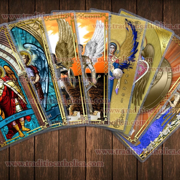 St. Saint Michael Archangel laminated Holy Prayer cards. Stained Glass, Icon style and statue art. Saint Michael Card.