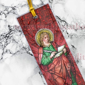 Saint John the Evangelist CLEAR See-Through stained glass laminated Bible Scripture bookmark.