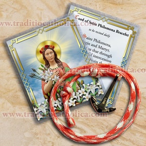 Saint St Philomena, Italy cord bracelet with 18K Rose Gold plated custom anchor clasp and high quality laminated prayer card.