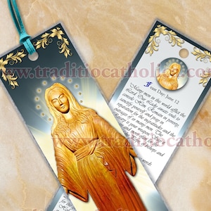 Our Lady of Akita, Japan laminated Bible scripture bookmark. Statue of Mary art.