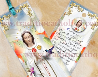 Marque-page d'écriture biblique Maria Rosa Mystica, Notre-Dame de la Rose mystique, Italie. Art de la statue de Marie.