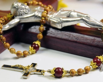 St John the Evangelist Limited Edition Precious Holy Rosary. 18K Gold plating, Bethlehem olive wood, precious stones & prayer card.