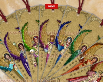 Archangels in Eastern Orthodox Icon style bookmark set. Uriel, Michael, Raphael, Gabriel, Jehudiel, Selaphiel, Barachiel