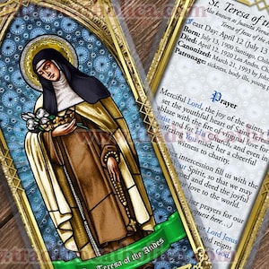 Heilige Teresa van de Andes gelamineerde katholieke heilige gebedskaarten. Glas-in-loodkunst van St. Teresa van de Andes