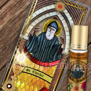 Saint Charbel Relic holy prayer card and relic anointing oil. St. Charbel 3rd class relic for healing.