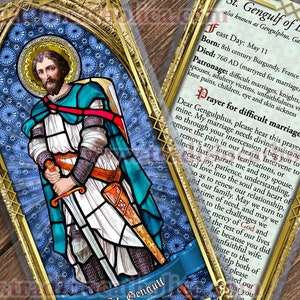 Cartes de prière catholiques plastifiées de Saint-Gengolfe de Bourgogne. Art du vitrail de Saint-Gengulf