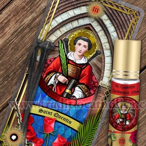 Saint Quentin Relic holy prayer card and relic anointing oil. St. Quentin 3rd class relic for healing.