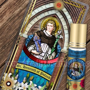 Saint Hyacinth of Poland Relic holy prayer card and relic anointing oil. St. Hyacinth 3rd class relic for healing and drowning.