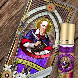 Saint Francis de Sales Relic holy prayer card and relic anointing oil. St. Francis de Sales 3rd class relic for healing.