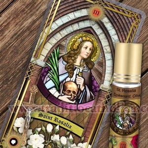 Saint Rosalia of Palermo Relic holy prayer card and relic anointing oil. St. Rosalia 3rd class relic for healing.