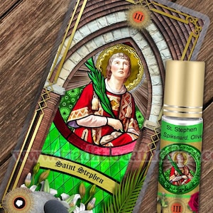 Saint Stephen, first martyr Relic holy prayer card and relic anointing oil. St. Stephen 3rd class relic for healing.
