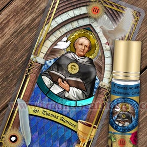 Saint Thomas Aquinas Relic holy prayer card and relic anointing oil. St. Thomas Aquinas 3rd class relic for healing.