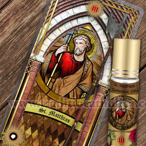 Saint Matthias the Apostle Relic holy prayer card and relic anointing oil. St. Matthias the Apostle 3rd class relic for healing.
