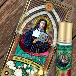 Saint Margaret Alacoque Relic holy prayer card and relic anointing oil. St. Margaret Alacoque 3rd class relic for healing.