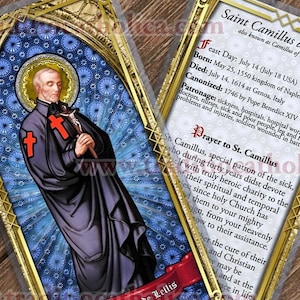 Cartões de Oração Católica Laminados de São Camilo de Lellis. Vitral de São Camilo de Lellis