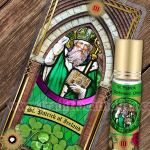 Saint Patrick of Ireland Relic holy prayer card and relic anointing oil. St. Patrick 3rd class relic for healing.