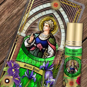 Saint Hope Relic holy prayer card and relic anointing oil. St. Hope 3rd class relic for healing.