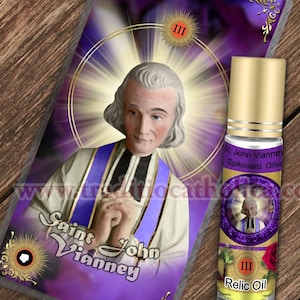Saint John Vianney Relic holy prayer card and relic anointing oil. St. John Vianney 3rd class relic for healing.