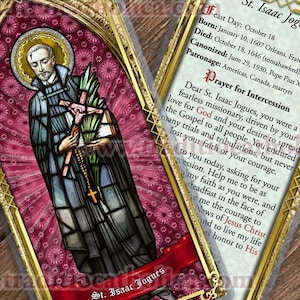 Saint Isaac Jogues gelamineerde katholieke heilige gebedskaarten. St. Isaac Jogues glas-in-loodkunst