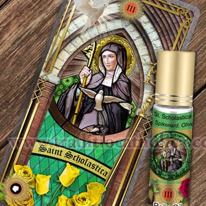 Saint Scholastica Relic holy prayer card and relic anointing oil. St. Scholastica 3rd class relic for healing.