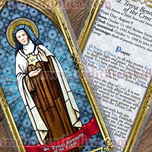 Heilige Teresa Benedicta van het Kruis gelamineerde katholieke heilige gebedskaarten. St. Teresa Benedicta van het Kruis: glas-in-loodkunst