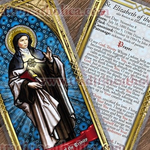 Heilige Elizabeth van de Drie-eenheid gelamineerde katholieke heilige gebedskaarten. St. Elizabeth van de Drie-eenheid glas-in-loodkunst