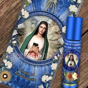 Virgin of Revelation Relic holy prayer card & relic anointing oil. Mary 3rd class relic for healing. Touched to 9 relics of Mary