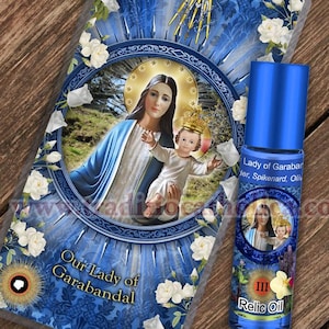 Our Lady of Garabandal Relic holy prayer card & relic anointing oil. Blessed Mary 3rd class relic for healing. Touched to 9 relics of Mary