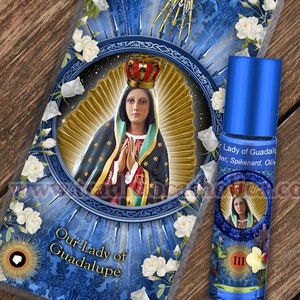 Our Lady of Guadalupe Relic holy prayer card & relic anointing oil. Blessed Mary 3rd class relic for healing. Touched to 9 relics of Mary