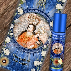 Our Lady of Las Lajas Relic holy prayer card & relic anointing oil. Blessed Mary 3rd class relic for healing. Touched to 9 relics of Mary