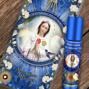 Maria Rosa Mystica Relic holy prayer card & relic anointing oil. Blessed Mary 3rd class relic for healing. Touched to 9 relics of Mary