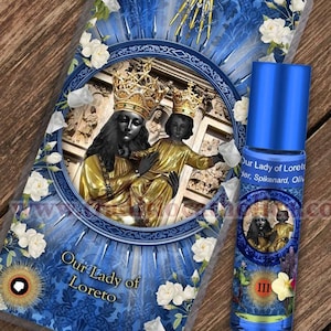 Our Lady of Loreto Relic holy prayer card & relic anointing oil. Blessed Mary 3rd class relic for healing. Touched to 9 relics of Mary