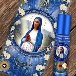 Our Lady of Kibeho Relic holy prayer card & relic anointing oil. Blessed Mary 3rd class relic for healing. Touched to 9 relics of Mary
