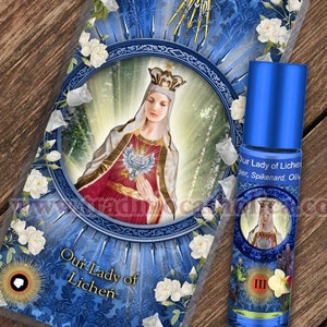 Our Lady of Lichen Relic holy prayer card & relic anointing oil. Blessed Mary 3rd class relic for healing. Touched to 9 relics of Mary