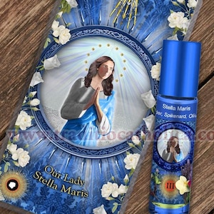 Stella Maris Relic holy prayer card & relic anointing oil. Blessed Mary 3rd class relic for healing. Touched to 9 relics of Mary
