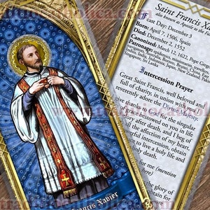 Sint-Franciscus Xavier gelamineerde katholieke heilige gebedskaarten. Glas-in-loodkunst Sint-Franciscus Xaverius