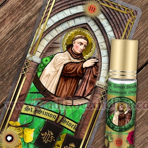 Saint Simon Stock Relic holy prayer card and relic anointing oil. St. Simon Stock 3rd class relic for healing.