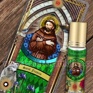 Saint Francis of Assisi Relic holy prayer card and relic anointing oil. St. Francis of Assisi 3rd class relic for healing.