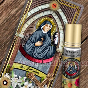 Saint Faustina Relic holy prayer card and relic anointing oil. St. Faustina 3rd class relic for healing. Spiritual healing