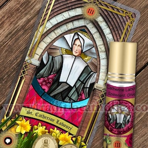Saint Catherine Labouré Relic holy prayer card and relic anointing oil. St. Catherine Labouré 3rd class relic for healing.