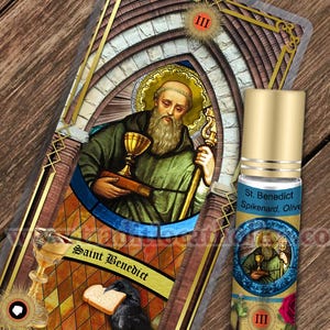 Saint Benedict, Relic holy prayer card and relic anointing oil. St. Benedict 3rd class relic for healing. Kidney problems.