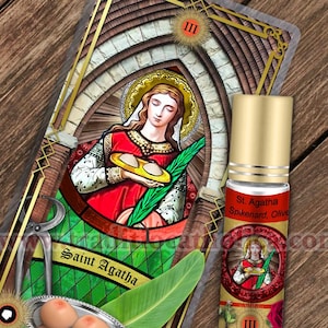 Saint Agatha Relic holy prayer card and relic anointing oil. St. Agatha 3rd class relic for healing. Breast cancer, sterility.