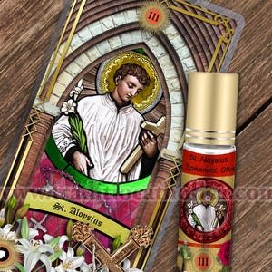 Saint Aloysius Gonzaga Relic holy prayer card and relic anointing oil. St. Aloysius 3rd class relic for healing. Sore eyes, pestilence.