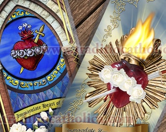 Immaculate Heart of Mary Stained Glass and sculpture laminated Holy Prayer cards. Mary Holy Card